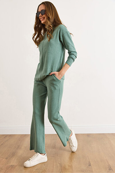 Olalook Women's Green Bottom Pocket Pants Top Mock Neck Blouse Fleece-Lined Set Tkm-19000254