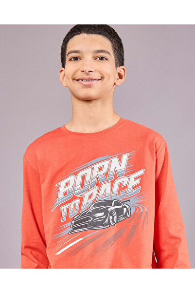 REDTAG Senior Boys Orange Racing Car Graphic T-Shirt