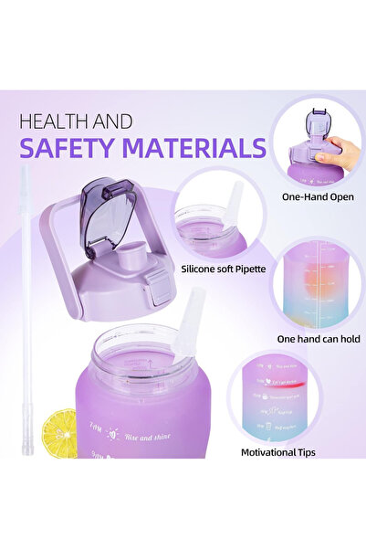 zola 2000 ml water bottle with straw, locking lid, time marker, durable handle, purple/green