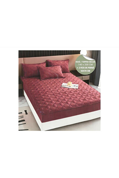 Truva Grup Husă de Pat din Catifea Tip Topper 140x200 cm + 2 Fețe de Pernă – Ultra Moale, Antialunecare