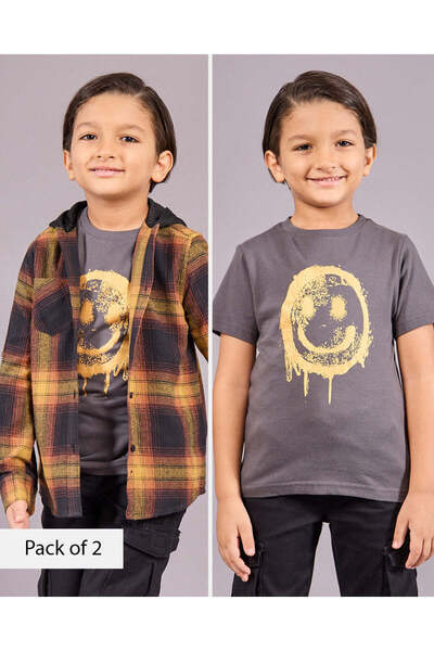 REDTAG Boys Multicolour Hooded Shirt With T-Shirt Set (2 Piece)