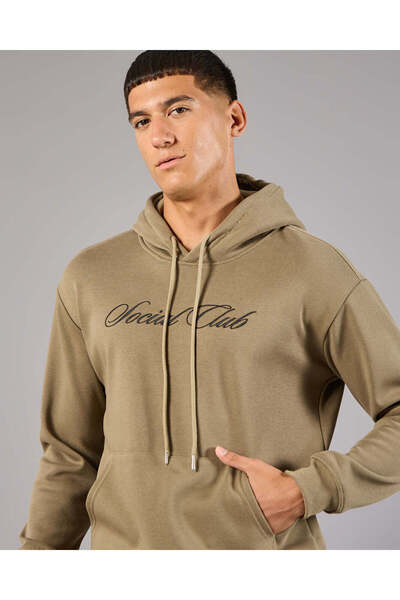 REDTAG Men BeigePrinted Hooded Sweatshirt