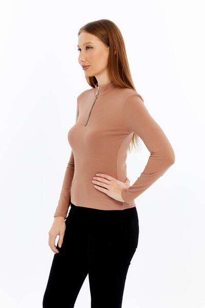 Maison La Femme Women's Long Sleeve Half Zipper Slim Fit Tshirt