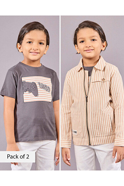 REDTAG طقم قميص مخطط عاجي للأولاد مع تي شيرت فحمي (قطعتان)