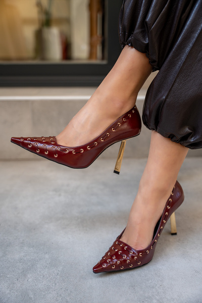 LAMİNTA Elvis Burgundy Leather Women's Studded Detailed Heeled Shoes