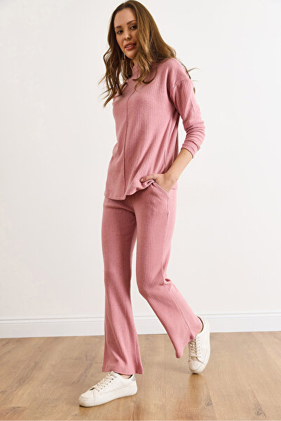 Olalook Women's Dusty Rose Bottom Pocket Pants Top Mock Neck Blouse Fleece-Lined Set Tkm-19000254