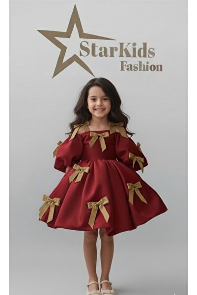 Star Kids فستان بناتي ذهبي بفيونكة بورجوندي، فستان تخرج للبنات، فستان سهرة لل...