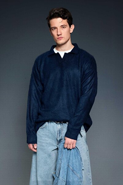 ablukaonline Men's Polo Neck Soft Textured Oversized Sweater Navy Blue