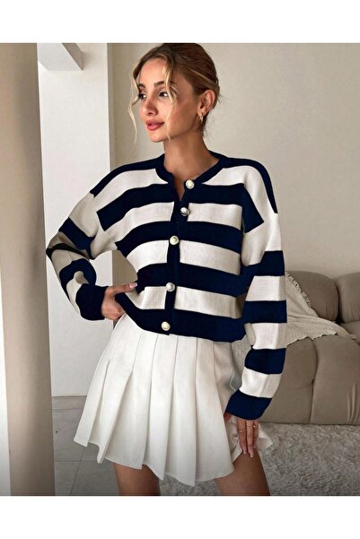 moda paketi Stylish Buttoned Striped Knitwear Cardigan-Suitable for Hijab