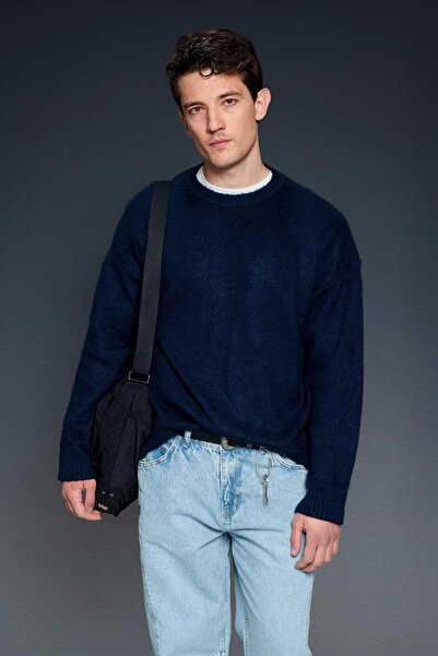 ablukaonline Men's Oversize Soft Textured Sweater Navy Blue