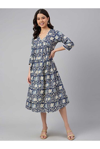 IndHeritage فستان مكتب/كاجوال من القطن الفاخر - فستان أزرق غامق للنساء بطبعات...