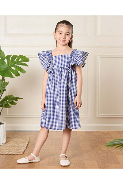 REDTAG Girls White And Blue Checkered Casual Dress