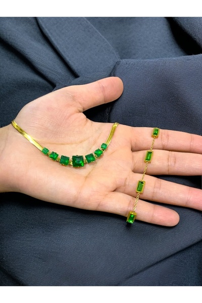 NEW STYLE Stainless steel accessory set (choker size 38 + 6 cm) and bracelet (16 + 5 cm) with royal green zircon, comes in a suitable gift box.
