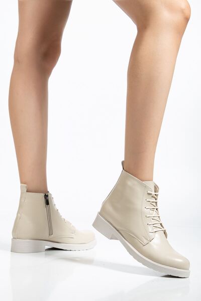 Budi 165-225 Beige Yanki Lace-Up Zippered Daily Women's Boots