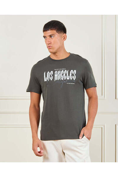 REDTAG Men Charcoal Basic Graphic T-shirt