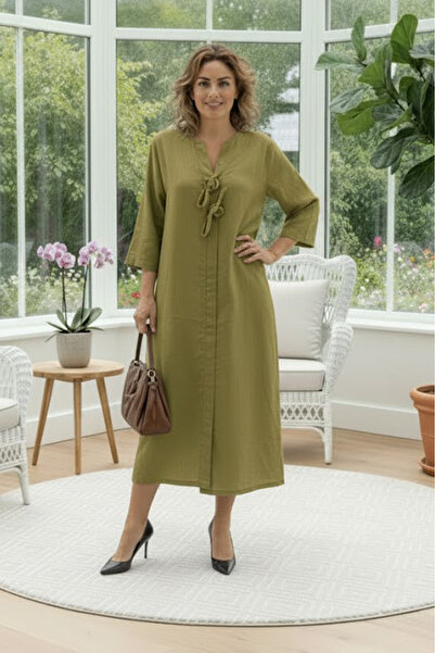 Nevin Kaya Moda Yağ Yeşili İtalyan İki Düğmeli Kadife Elbise
