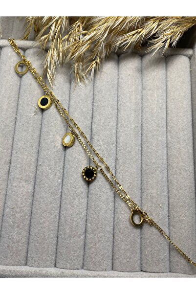 Kaan Accessoire Elegant Black & White Detailed Gold Charm Bracelet
