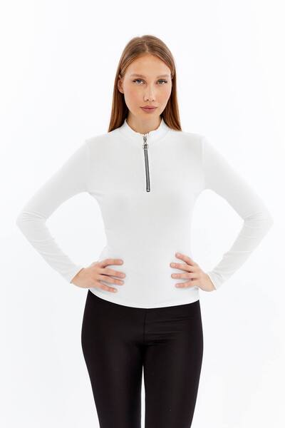 Maison La Femme Women's Long Sleeve Half Zipper Slim Fit Tshirt