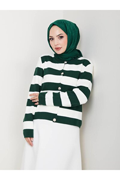 moda paketi Stylish Buttoned Striped Knitwear Cardigan-Suitable for Hijab