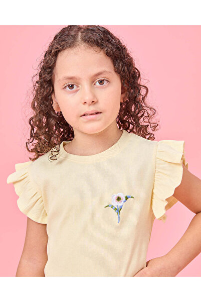 REDTAG Girls Yellow Flower Embroidered Rib T-Shirt