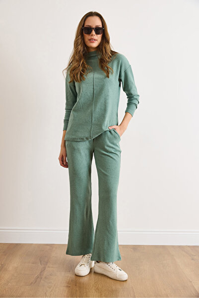 Olalook Women's Green Bottom Pocket Pants Top Mock Neck Blouse Fleece-Lined Set Tkm-19000254