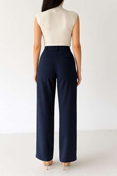 Ramior Women's Navy Blue High Waist Palazzo Pants – Wide Leg Stylish Office & Casual Model