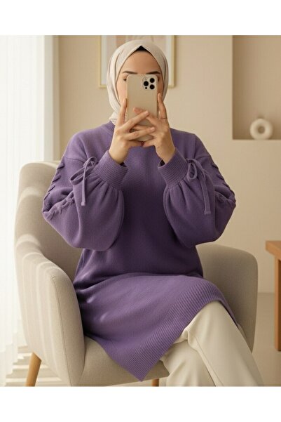 Modamorfo Round Neck Sleeve Knit Detailed Sweater - Purple