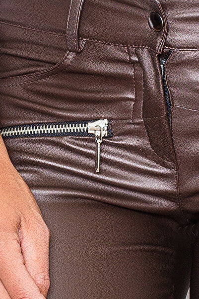 Figl Women's waxed trousers - women's fitted trousers made of eco-leather, brown M361, size XL