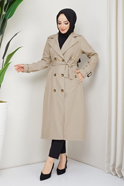 InStyle Double-Breasted Lined Cream Trench Coat with Collar and Belt