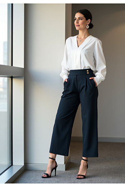 Figl Elegant women's 7/8 trousers - Women's suit trousers - Navy blue trousers M1132 size S/M