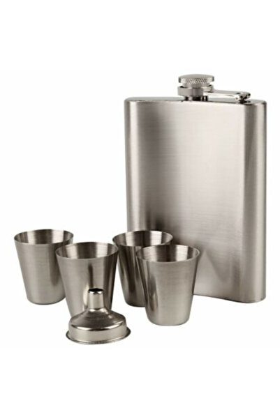 zola Set of pocket metal bottle, straw and 4 glasses in pouch, for drinking, silver, 210 ml