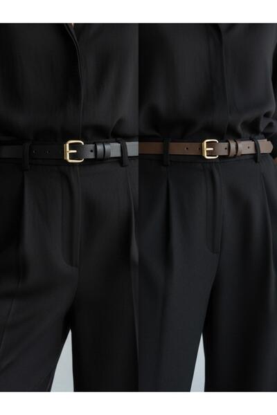 Kemerix Women's Makara Gold Buckle Thin 2-Piece Belt Set Black-Brown
