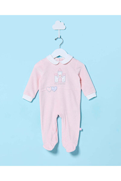 REDTAG Baby Pink Embroidered Velour Sleepsuit