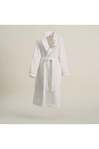 Ecocotton Vanya Women's Bathrobe 100% Organic Cotton Velvet Applique Embroidered Cream