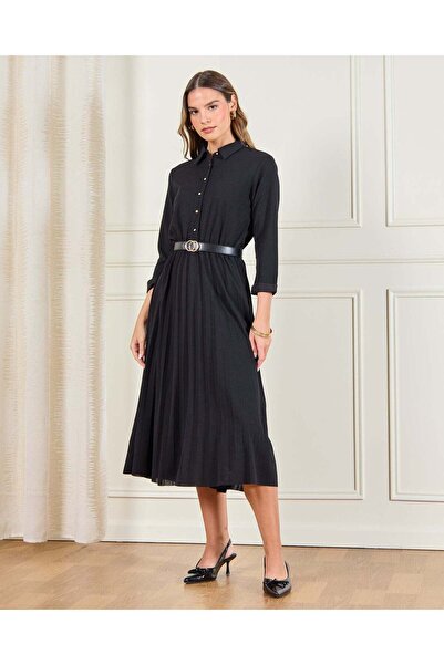 REDTAG Women Black Belted Collared Dress