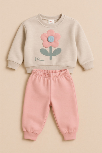 Uğur bebe Girl's Fleece-Lined Thick Floral Print Winter Tracksuit Set – Soft, Warm, and Seamless Comfort