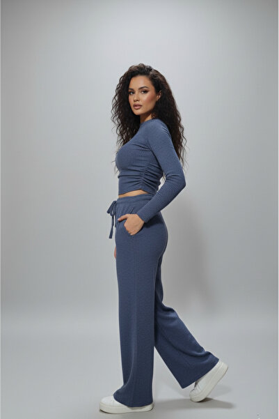 MODA Fitilli Crop Üst ve Yüksek Bel İpli Eşofman Altı (Jogger) İkili Kadın Takım