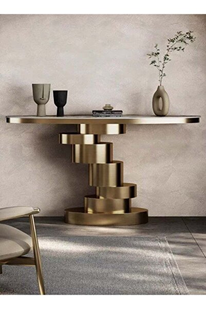 C&C Home Modern Gold Console Table, Geometric Pedestal with Marble Top - 120x35x85 cm