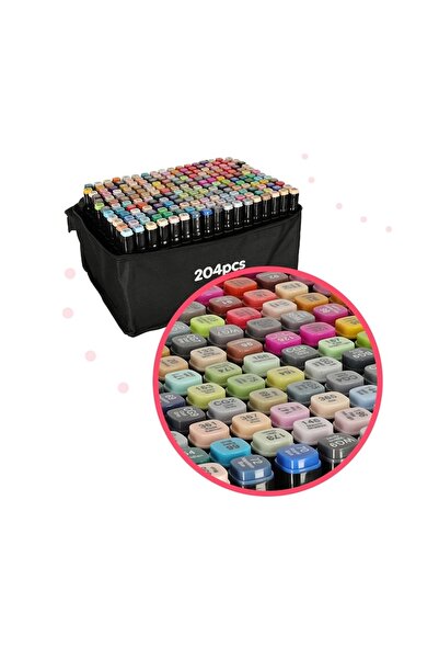 OEM Set of 204 Dual-Tip Alcohol Markers with Storage Bag and Plastic Stand, Multicolor