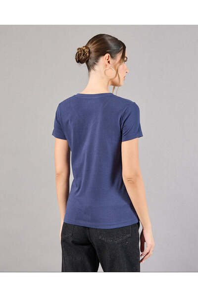 REDTAG Women Navy Short Sleeve V-Neck T-Shirt