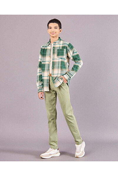 REDTAG Senior Boys Green Casual Trouser With Braided Belt