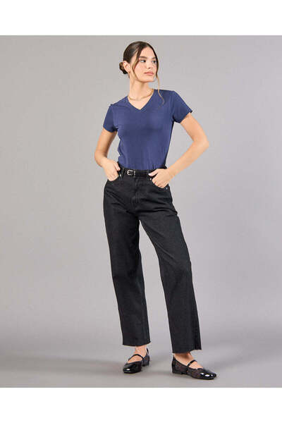 REDTAG Women Navy Short Sleeve V-Neck T-Shirt