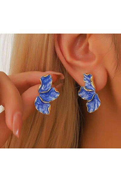 monalisatoka Kadın Gold Vintage Mavi Yaprak Desenli Küpe