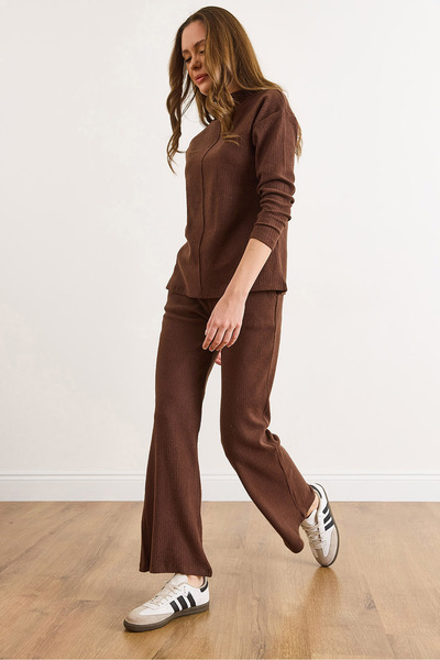 Olalook Women's Bitter Brown Bottom Pocket Pants Top Mock Neck Blouse Fleece-Lined Set Tkm-19000254