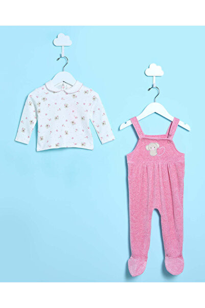 REDTAG Baby White And Pink Printed Dungaree Set (2 Piece)