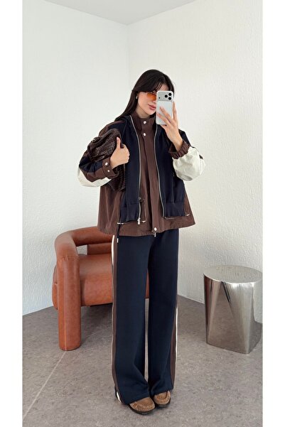 BRTC design Women's Navy Blue Gray Patchwork Hooded Detailed Tracksuit Set