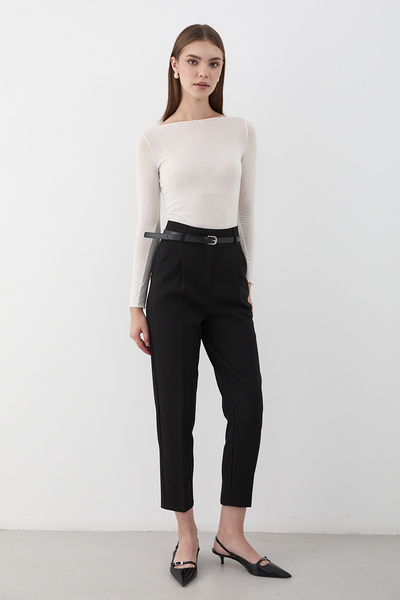 JASTE Women's Black High Waist Pleated Fabric Pants