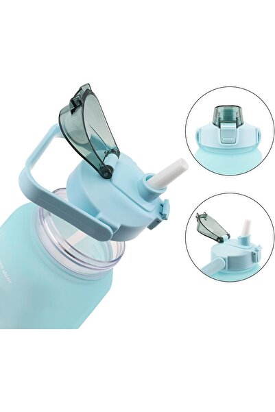 UBX 1500 ml water bottle with straw, 3D stickers, locking lid, time marker, durable handle, turquoise/purple