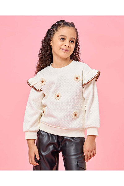 REDTAG Girls Beige 3D Flower Embellished Sweatshirt