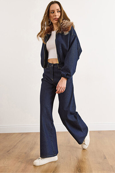 Olalook Women's Navy Blue Denim Lined Jacket Pants Set Tkm-19000464